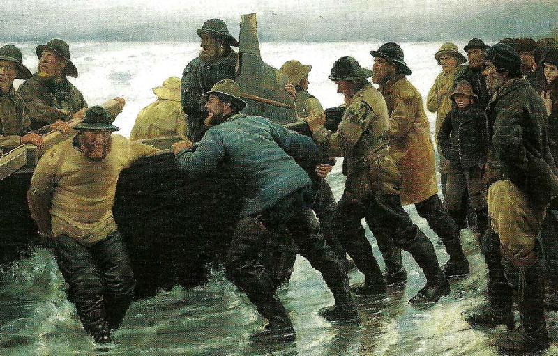 Michael Ancher fiskere i faerd med at saette en rorsbad i vandet Norge oil painting art